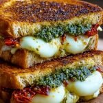 A toasted gourmet grilled cheese sandwich with melted cheese and red pesto on sourdough bread