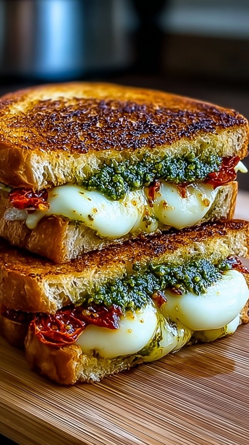 A toasted gourmet grilled cheese sandwich with melted cheese and red pesto on sourdough bread