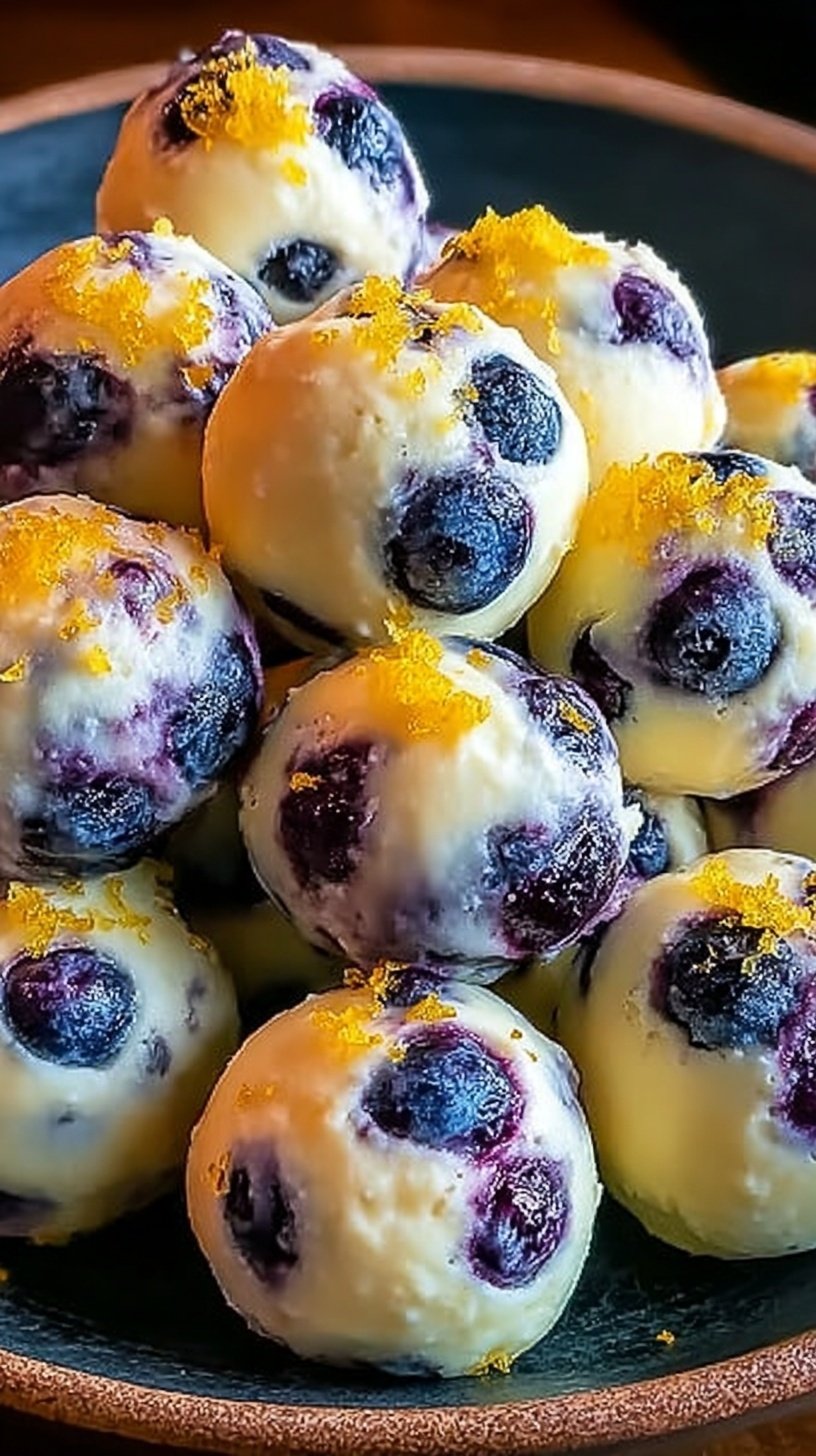 A plate of lemon blueberry protein bites made with cottage cheese and oats.