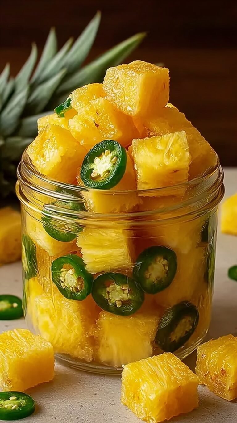 Glass jars filled with golden candied jalapeños and crushed pineapple pieces