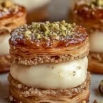 Two golden baklava cream sandwich cookies filled with white frosting and rolled in crushed green pistachios on a white plate.