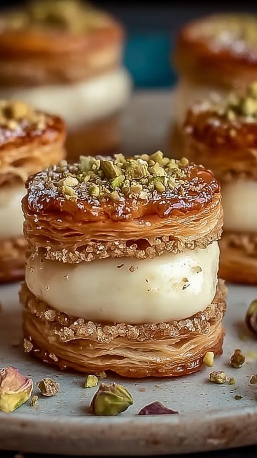 Two golden baklava cream sandwich cookies filled with white frosting and rolled in crushed green pistachios on a white plate.