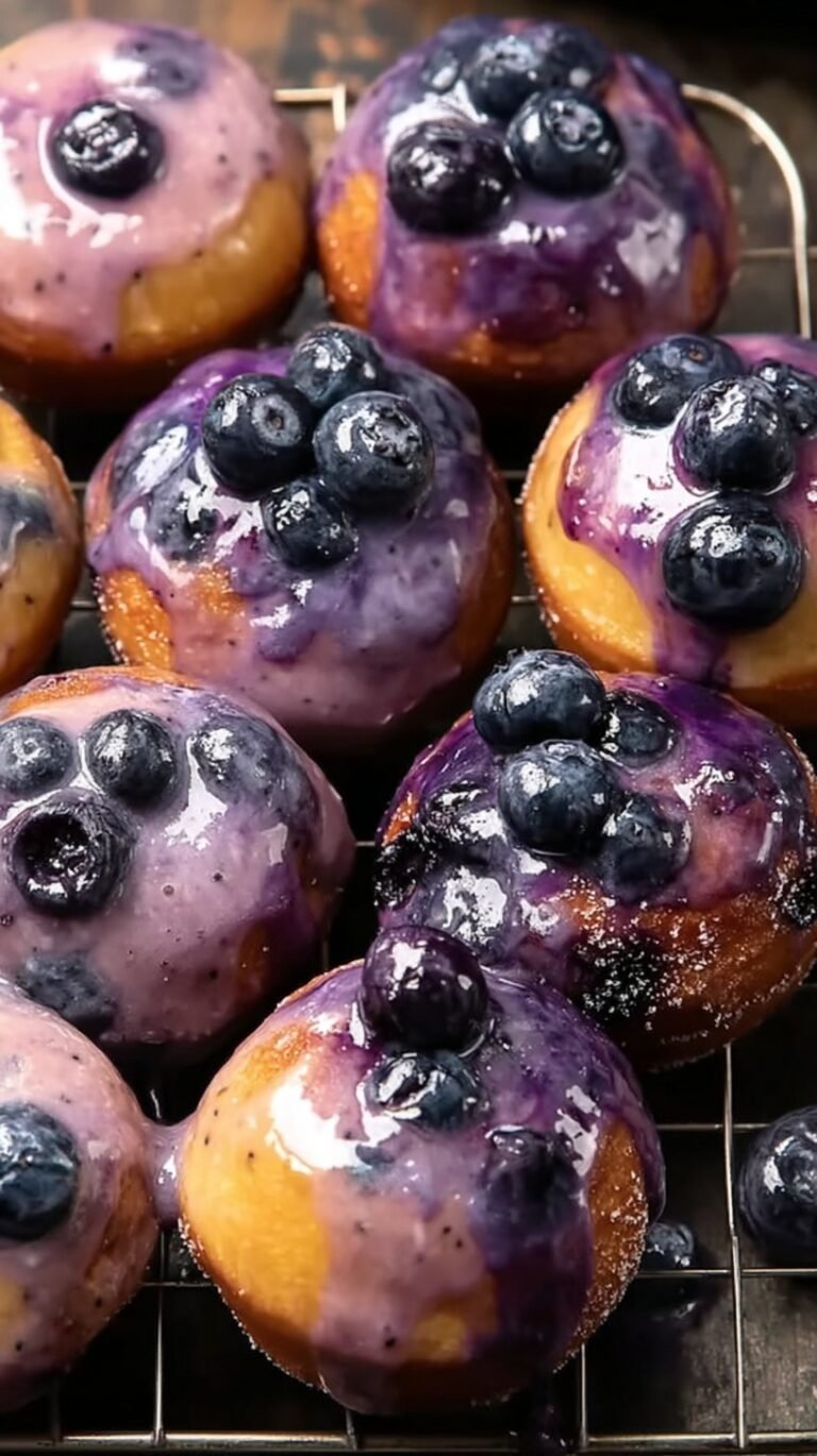 A tray of mini blueberry cake donuts with a bright purple glaze and fresh blueberries.