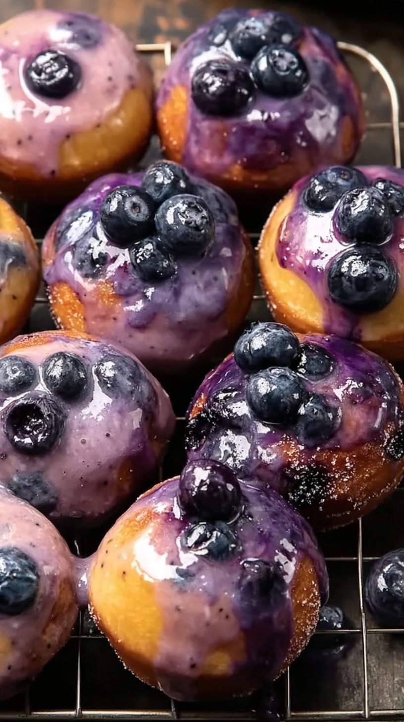 A tray of mini blueberry cake donuts with a bright purple glaze and fresh blueberries.