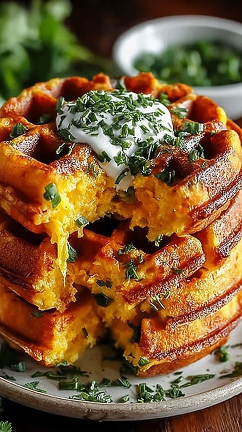 Golden brown cornbread waffles with melted cheddar and green jalapeño bits on a white plate.