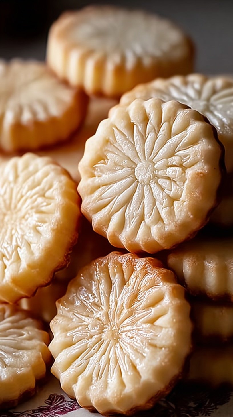 A stack of golden French butter cookies on a parchment-lined baking sheet