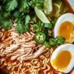 A steaming bowl of chicken ramen with soft boiled eggs and green onions