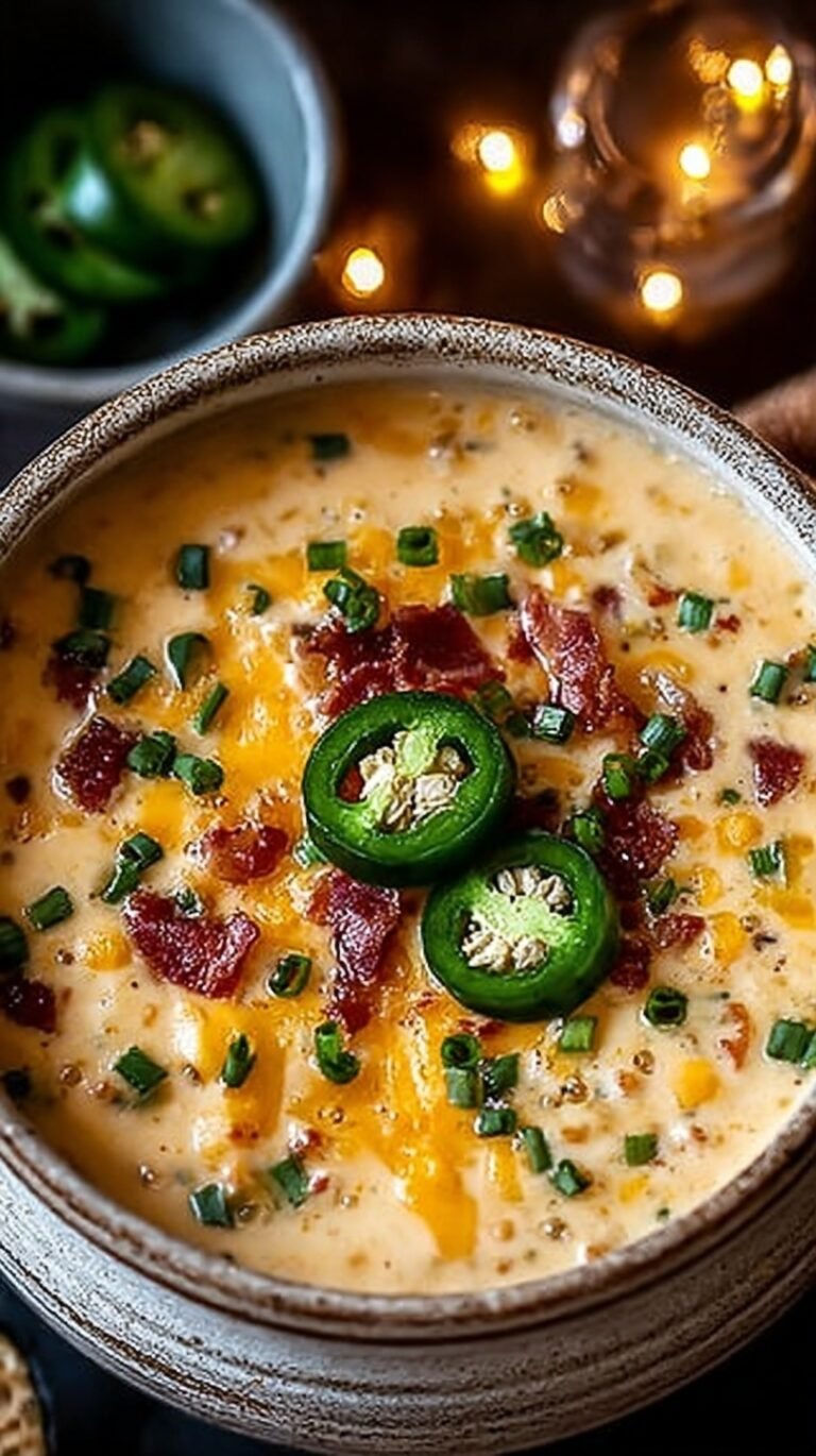 A bowl of creamy jalapeno popper soup topped with shredded cheddar and crispy bacon pieces.