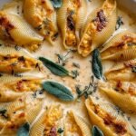 Golden baked pasta shells filled with pumpkin and cheese in a creamy white sauce topped with fresh sage.