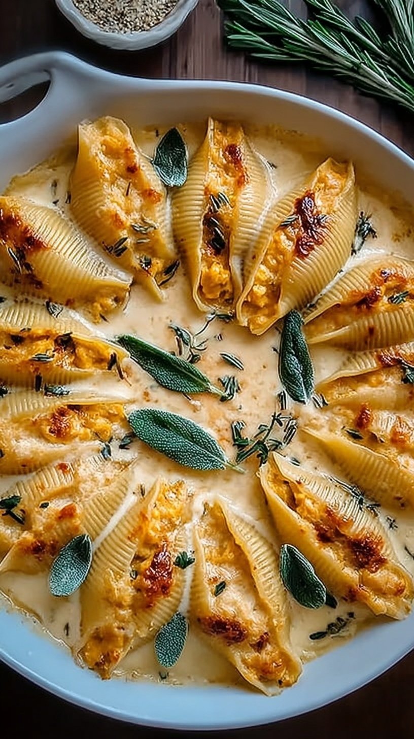 Golden baked pasta shells filled with pumpkin and cheese in a creamy white sauce topped with fresh sage.