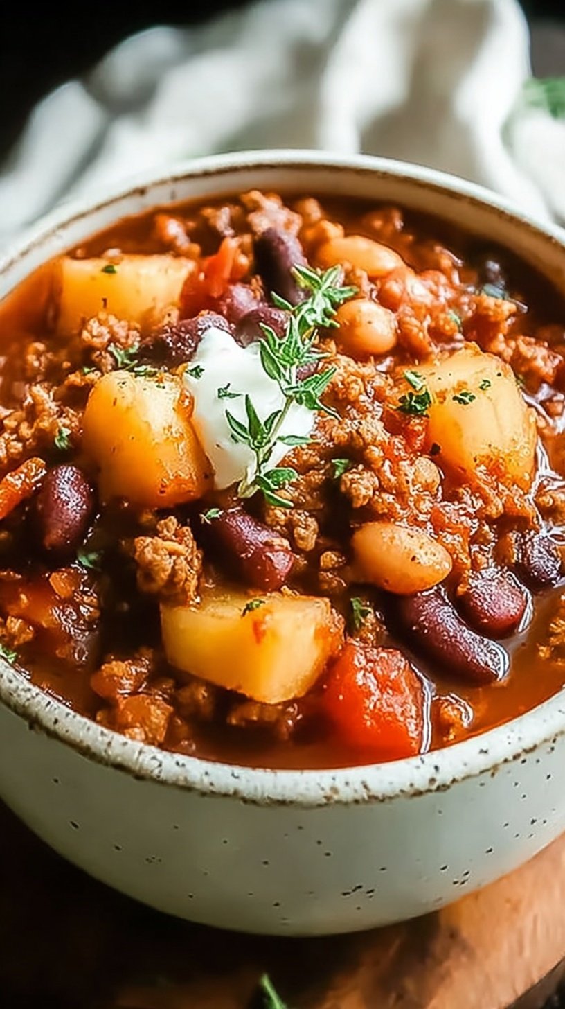 A steaming bowl of turkey chili with diced green apples and red kidney beans in a dark pot.