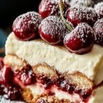 Layers of ladyfingers, cream, and red cherries in a glass dish