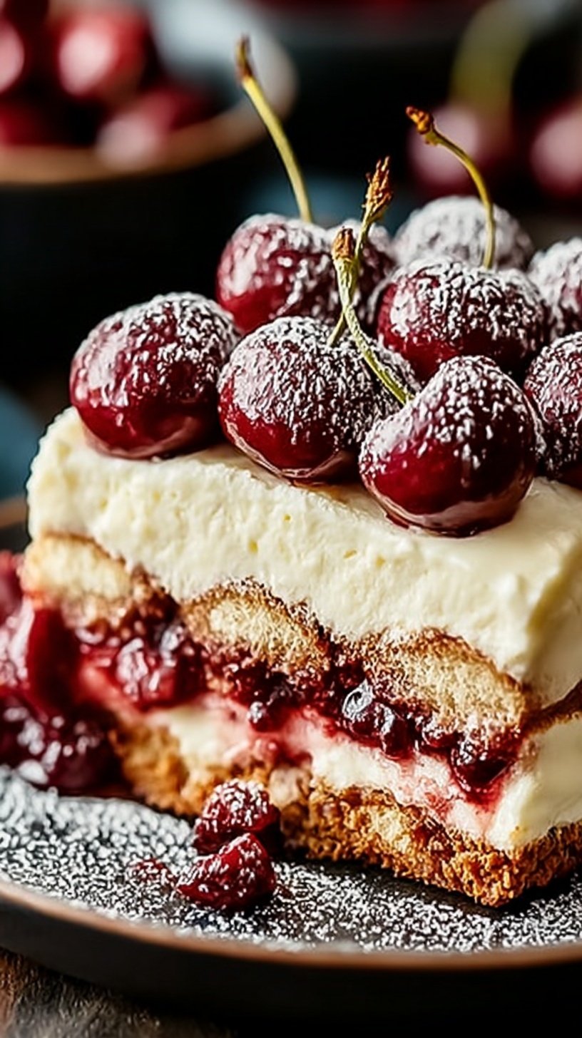 Layers of ladyfingers, cream, and red cherries in a glass dish