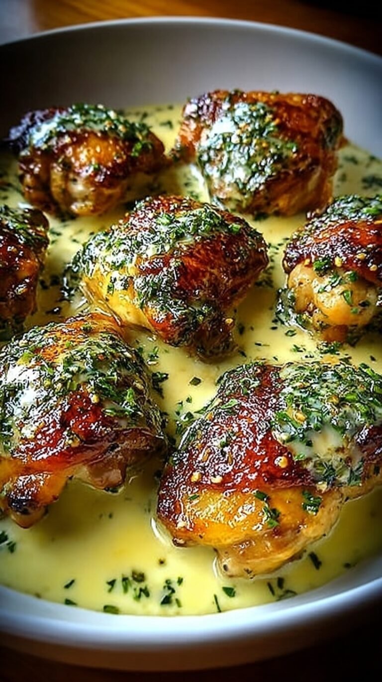 Crispy golden brown chicken thighs in a white creamy garlic sauce with fresh parsley in a cast iron skillet