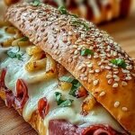 Toasted Italian sub sandwiches with melted cheese, salami, and fresh vegetables on a baking sheet.