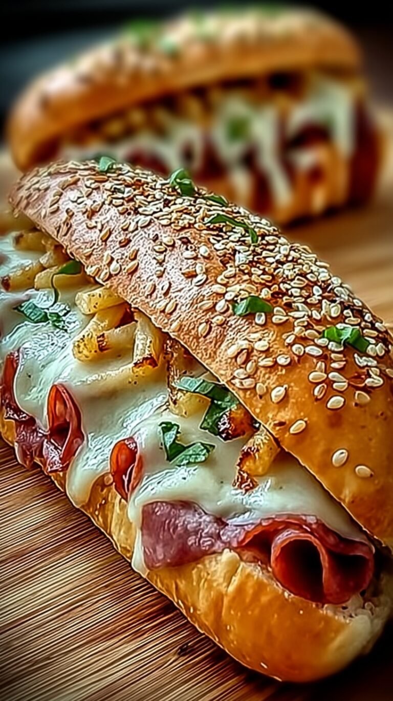 Toasted Italian sub sandwiches with melted cheese, salami, and fresh vegetables on a baking sheet.