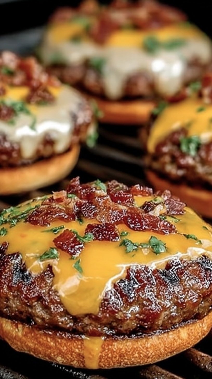 A juicy burger with melted cheddar, bacon, and ranch on a toasted brioche bun