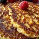 A stack of golden brown flourless cottage cheese pancakes topped with fresh berries and a drizzle of syrup.