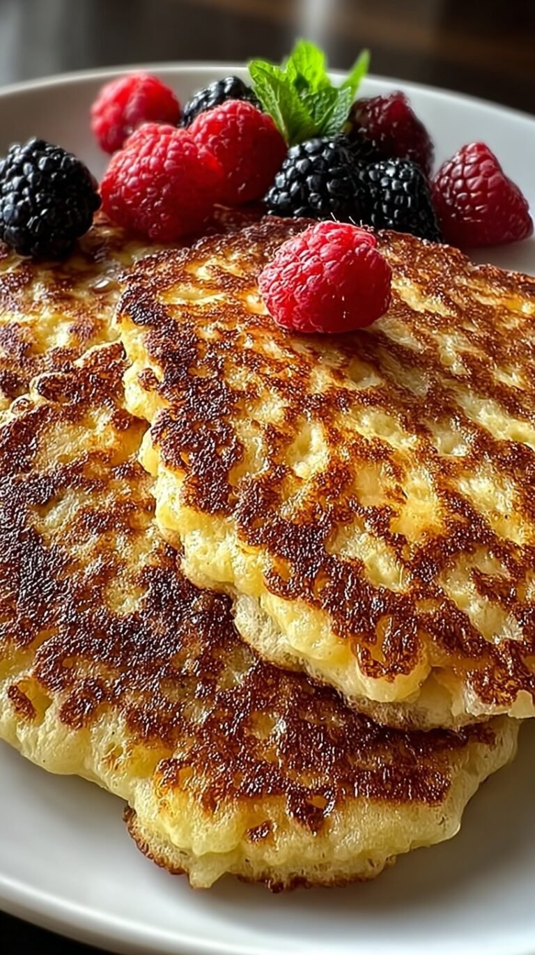 A stack of golden brown flourless cottage cheese pancakes topped with fresh berries and a drizzle of syrup.