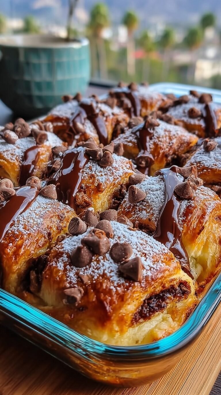 A golden brown Chocolate Croissant Breakfast Bake in a white dish with melted chocolate chunks