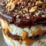A creamy peanut butter and cottage cheese dessert topped with a cracked chocolate shell and crushed peanuts in a glass jar.