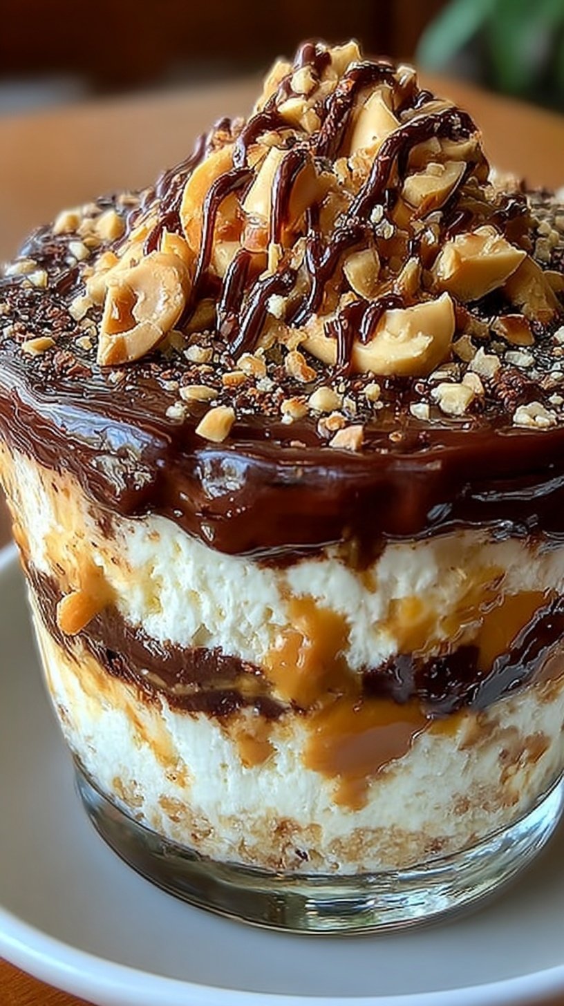 A creamy peanut butter and cottage cheese dessert topped with a cracked chocolate shell and crushed peanuts in a glass jar.