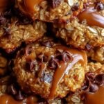A stack of golden brown peanut butter oatmeal breakfast cookies with dark chocolate chips on a parchment-lined tray.