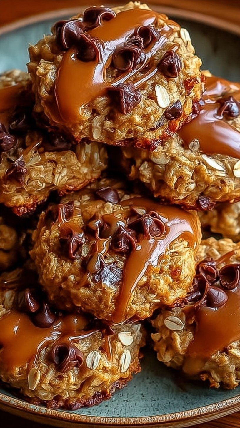 A stack of golden brown peanut butter oatmeal breakfast cookies with dark chocolate chips on a parchment-lined tray.