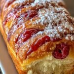 A golden brown brioche loaf with vibrant pink raspberry swirls visible through the braided crust.