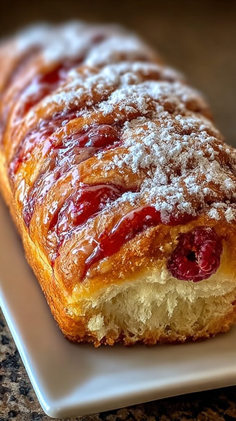A golden brown brioche loaf with vibrant pink raspberry swirls visible through the braided crust.
