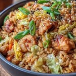 A colorful egg roll bowl with ground chicken, shredded cabbage, and green onion garnish in a dark skillet.
