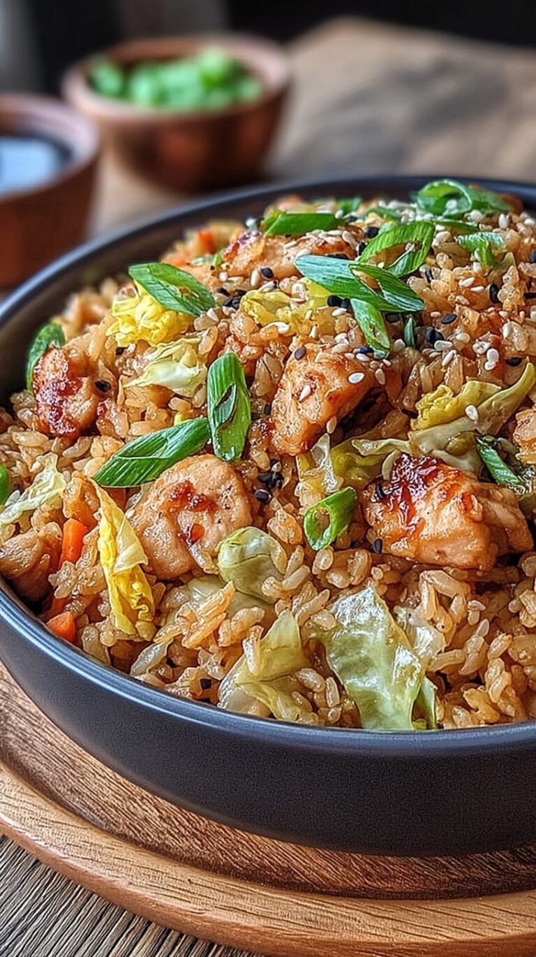 A colorful egg roll bowl with ground chicken, shredded cabbage, and green onion garnish in a dark skillet.