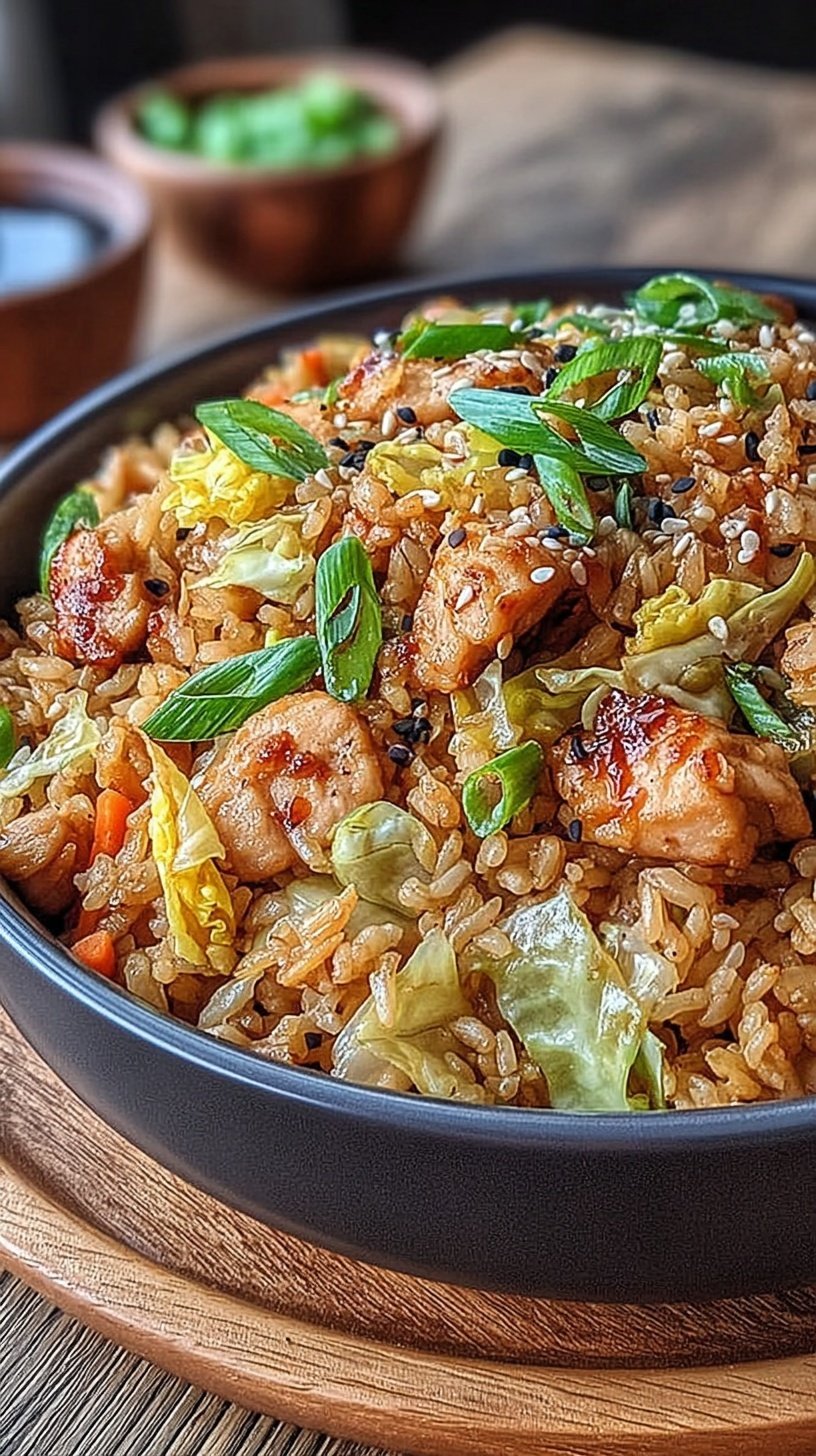 A colorful egg roll bowl with ground chicken, shredded cabbage, and green onion garnish in a dark skillet.