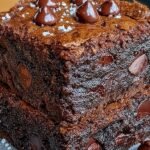 A stack of dense, dark chocolate brownies topped with melted chocolate chips on a white plate.