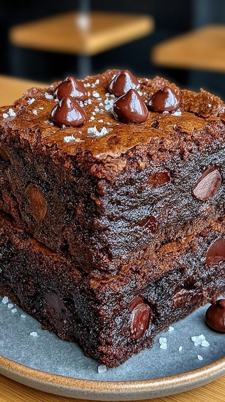 A stack of dense, dark chocolate brownies topped with melted chocolate chips on a white plate.