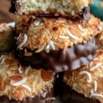 A row of dark chocolate covered coconut bars topped with a single almond on a parchment lined sheet.