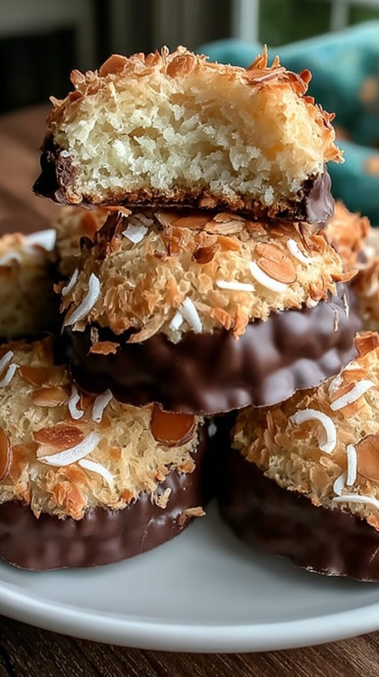 A row of dark chocolate covered coconut bars topped with a single almond on a parchment lined sheet.