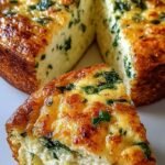 A golden brown crustless spinach quiche in a ceramic baking dish sliced and ready to serve
