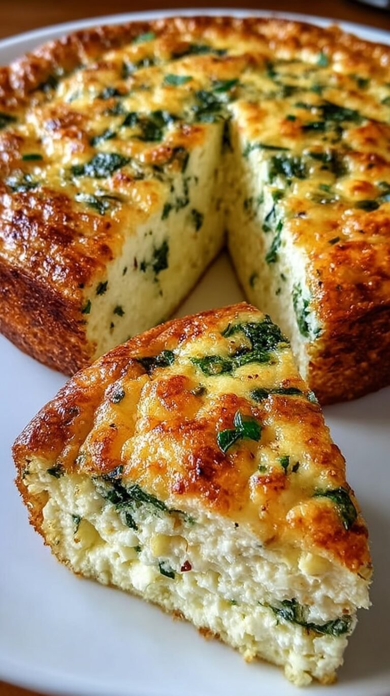 A golden brown crustless spinach quiche in a ceramic baking dish sliced and ready to serve