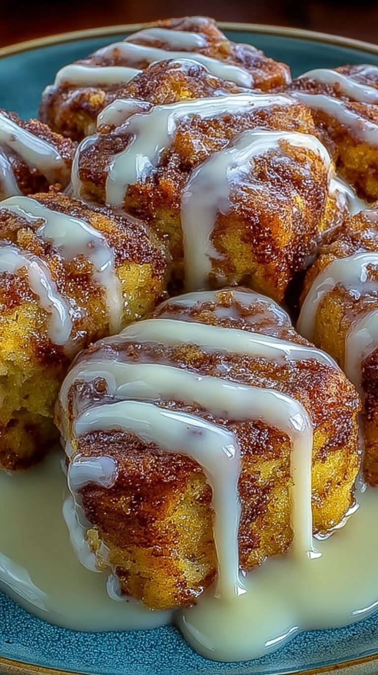 Golden brown cinnamon roll french toast bites drizzled with white sugar glaze on a plate