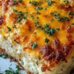 A golden brown cheesy hashbrown casserole in a white baking dish