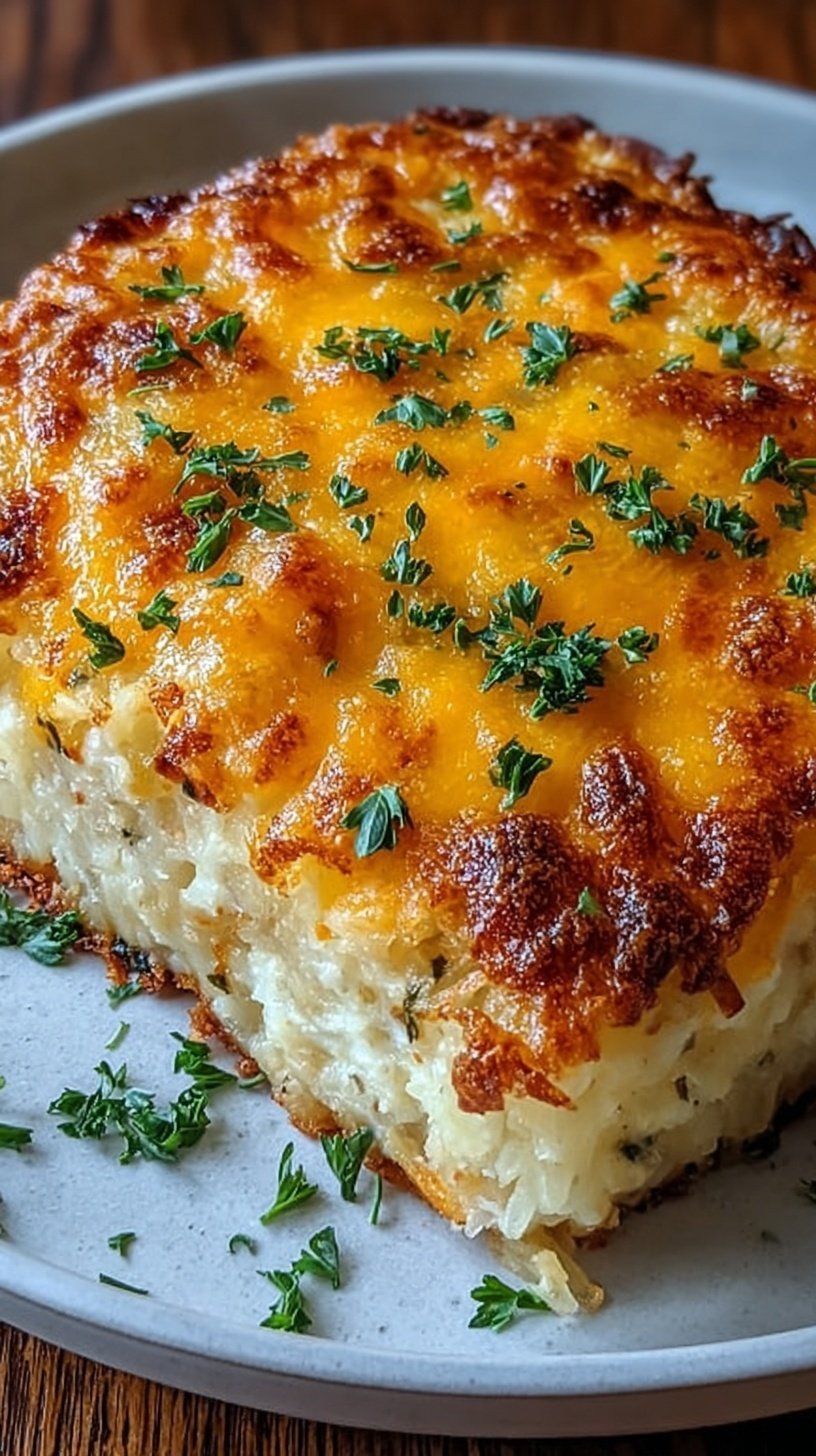 A golden brown cheesy hashbrown casserole in a white baking dish