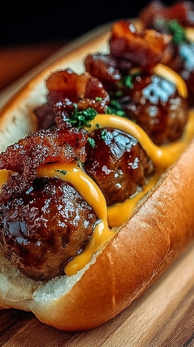 Golden brown bacon cheeseburger meatballs on a baking sheet with melted cheddar cheese