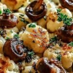 A skillet filled with golden-brown cauliflower florets and sautéed cremini mushrooms with fresh parsley.