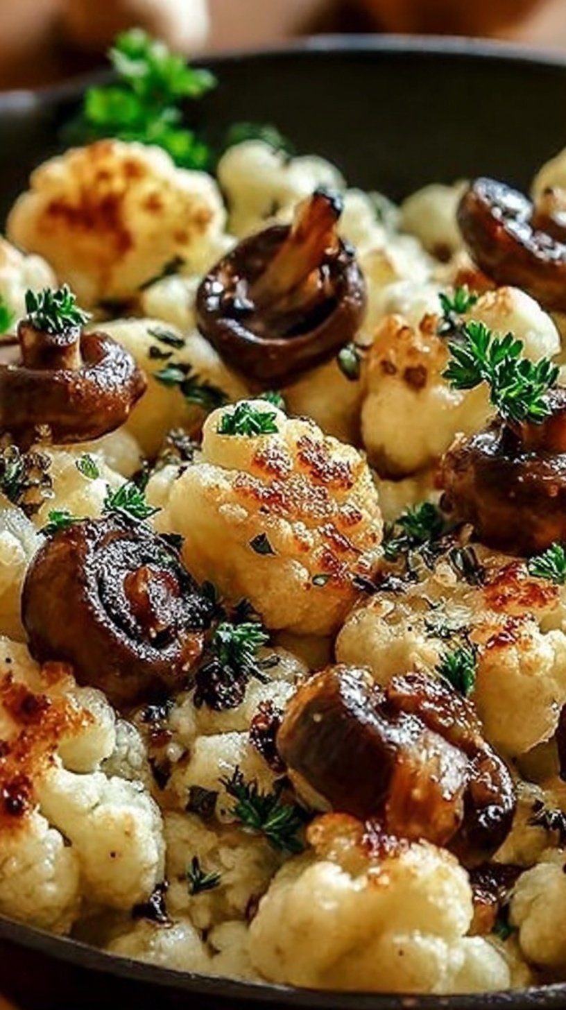 A skillet filled with golden-brown cauliflower florets and sautéed cremini mushrooms with fresh parsley.