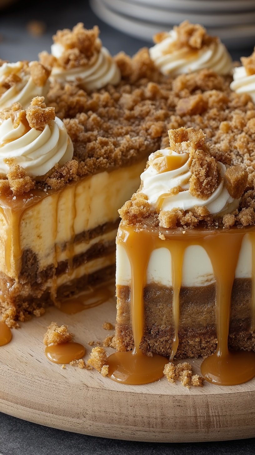 A creamy cheesecake topped with spiced sautéed apples and a drizzle of salted caramel on a white plate.