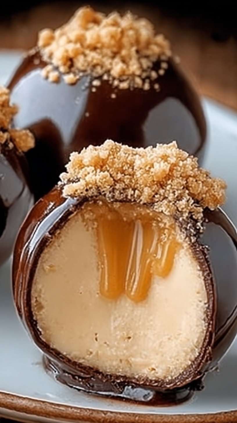 A platter of chocolate-covered peanut butter cheesecake balls with a creamy center.