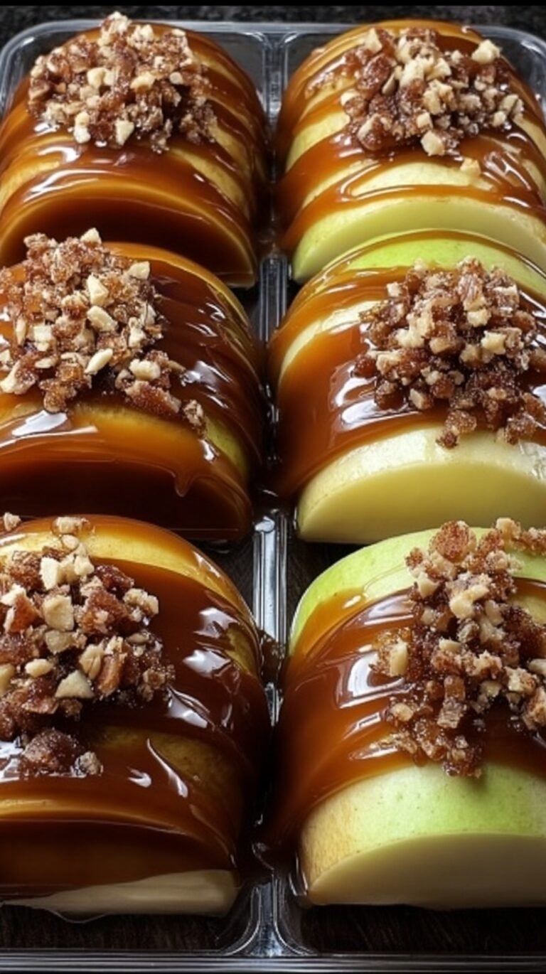 Sliced green apples on a sheet pan drizzled with caramel, chocolate, and crushed peanuts.