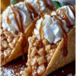 Crispy cinnamon-sugar taco shells filled with warm spiced apples and whipped cream