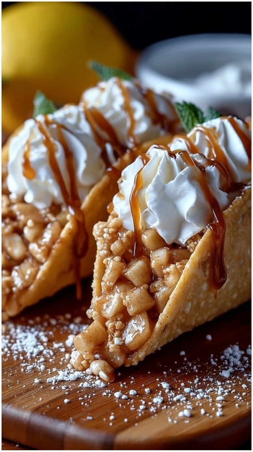 Crispy cinnamon-sugar taco shells filled with warm spiced apples and whipped cream